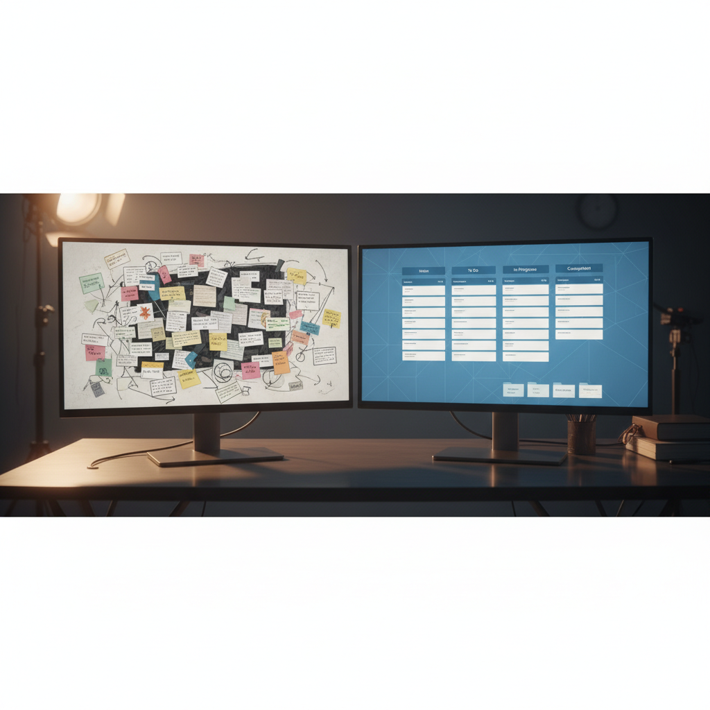 A photorealistic image of a side-by-side comparison on two screens: left screen shows a chaotic, unstructured board with scattered cards, right screen shows a clearly structured layout with distinct spaces and folders and lists arranged in neat columns. Cinematic lighting, professional studio quality, 8k.