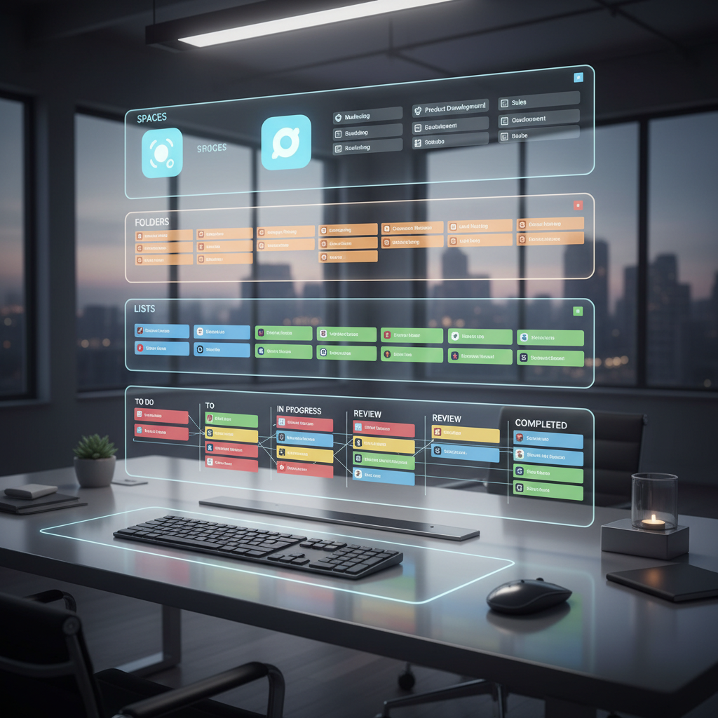 A photorealistic image of a digital workspace illustrating the ideal ClickUp workflow: a three-tier hierarchy with spaces at the top, folders in the middle, and lists at the bottom, with colorful task cards flowing smoothly from left to right across organized lanes and connected by subtle lines. Cinematic lighting, professional studio quality, 8k.