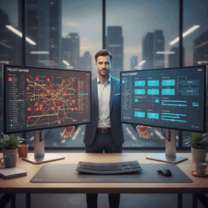 A photorealistic image of a modern office desk with two large monitors showing a split-screen: the left monitor displays a chaotic project management dashboard with overdue tasks and tangled timelines, the right monitor displays a clean, organized dashboard with clear milestones and efficient workflows; a focused professional stands between them, illustrating transformation from silent failure to regained time and control. Cinematic lighting, professional studio quality, 8k.