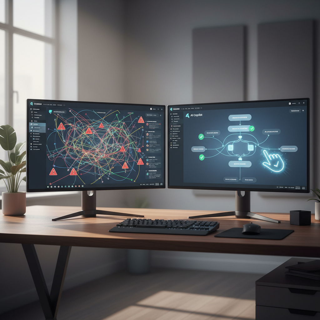 A photorealistic image of a modern desk with two large monitors: the left screen shows a chaotic ClickUp automation dashboard with tangled task paths and red warning icons, the right screen displays an AI copilot interface guiding the workflow toward clarity. Cinematic lighting, professional studio quality, 8k.